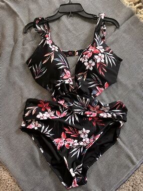 Bar III cut Out Tummy Toner Black Floral One-Piece Swimsuit